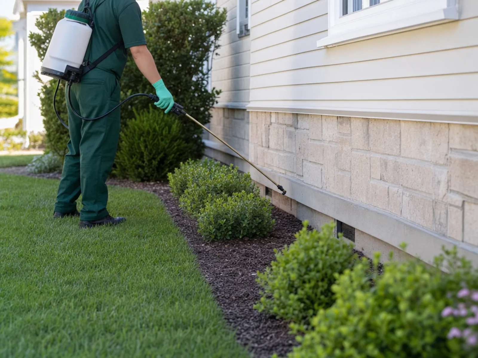 Pest Scout licensed technician inspecting a home exterior for spider webs and entry points