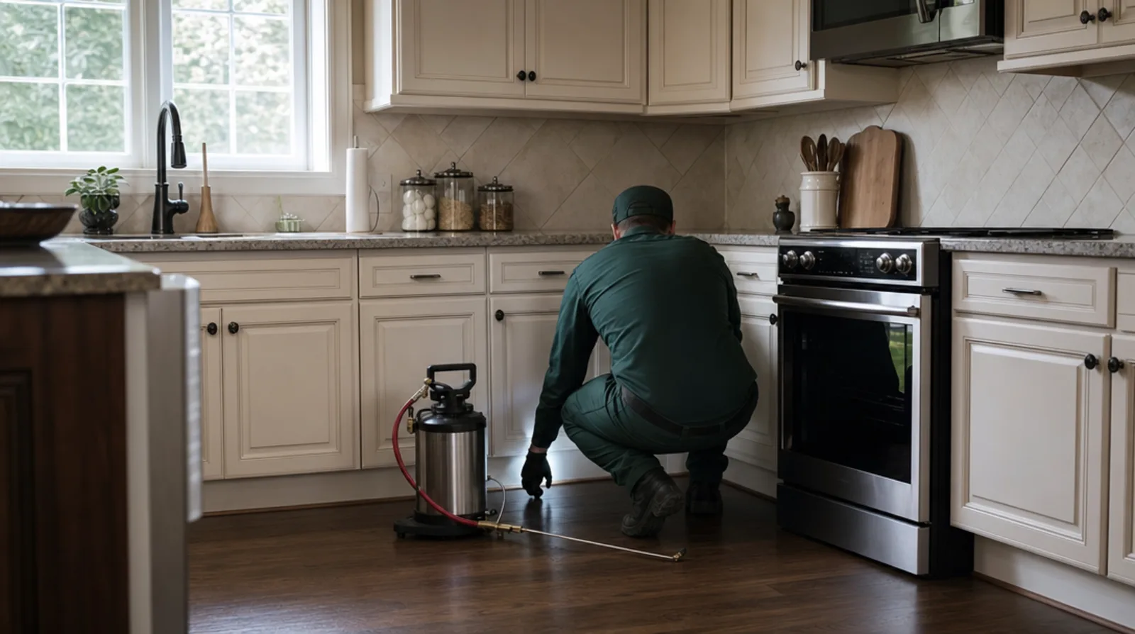 Pest Scout technician inspecting a home's foundation for rodent entry points