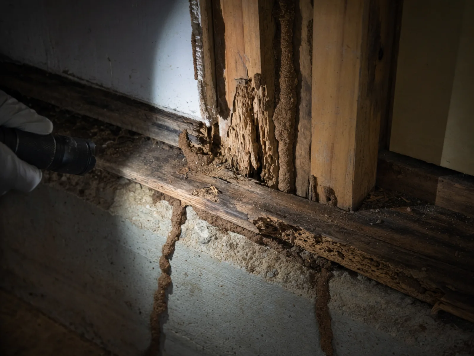 Pest Scout licensed technician inspecting wood framing for termite damage at a residential home